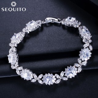 【Sequito】B054 กําไลข้อมือคริสตัลเพทาย คุณภาพสูง สีขาว ทอง เครื่องประดับแฟชั่น สําหรับผู้หญิง