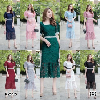 N2995-Dress เดรสคอเหลี่ยมแขนสั้น ผ้าลูกไม้ มีซับใน ปลายแขนกับเอวแต่ง  คาดด้วยลูกไม้