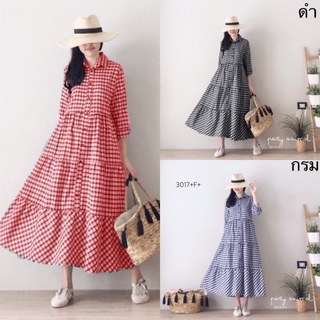 👗Pfashion [ส่งไว!!🚛] P3017 Maxi dress ลายสก๊อต ปกเชิ้ตแขนยาวPlaid maxi dress with long sleeves