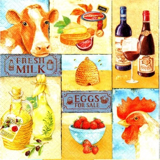 Pladao Napkin ภาพอาหาร Country Side Fresh Milk Eggs Wine กระดาษ แนพกิ้น สำหรับงานศิลปะ เดคูพาจ decoupage ขนาด L 33x33