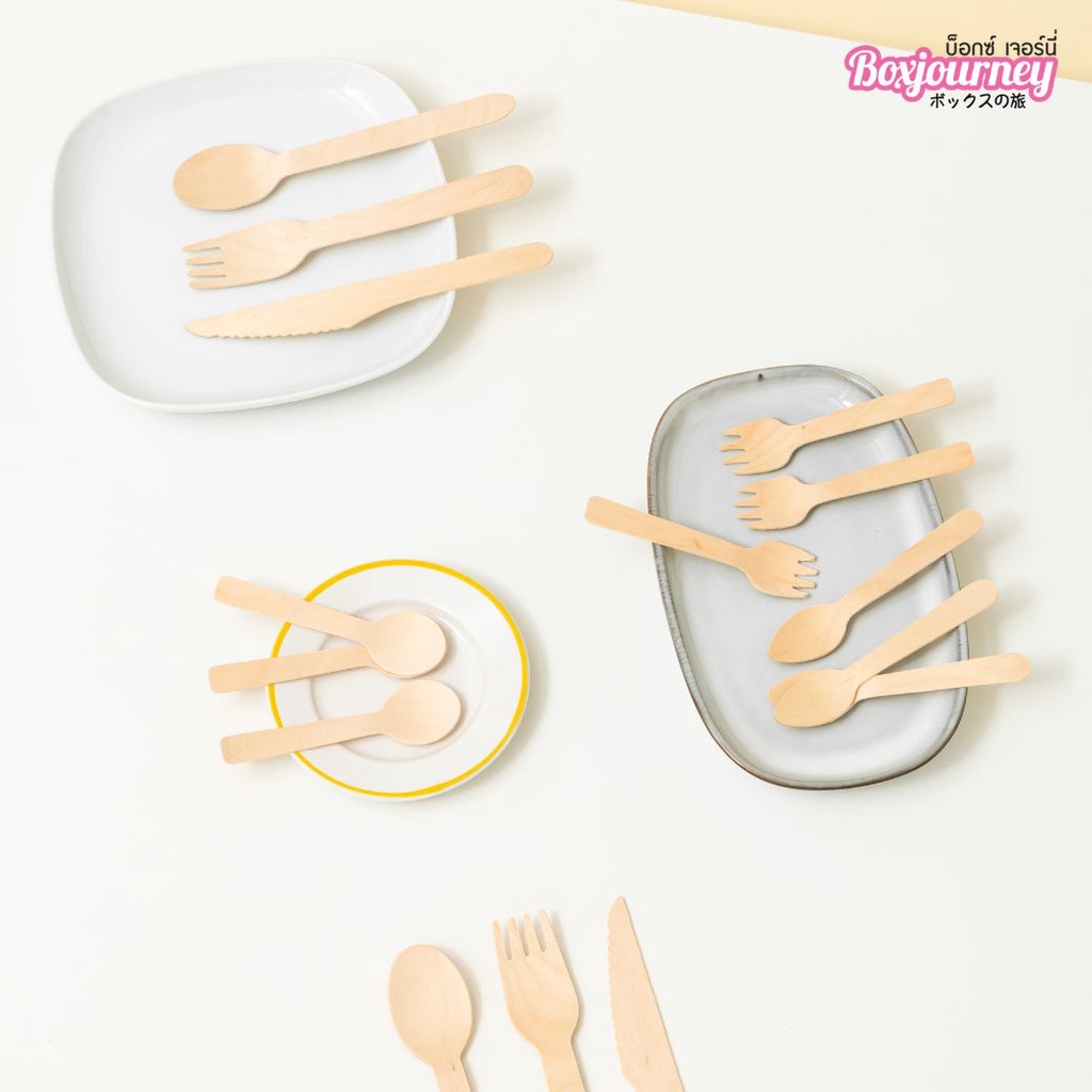 Boxjourney ช้อนไม้ / ส้อมไม้ / มีดไม้ (100 ชิ้น/แพ็ค)