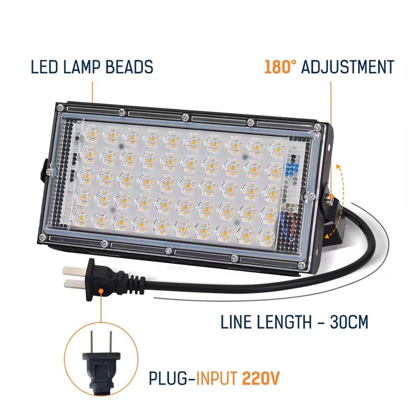 ไฟสปอร์ตไลท์ LED 50W 220V แสงสีขาว กันน้ำได้ ไฟสนาม ไฟสปอร์ตไลท์ วัสดุคุณภาพดีเยี่ยม ให้ไฟสว่างมาก ไฟ หลอดไฟ ไฟฟ้าไฟบ้าน