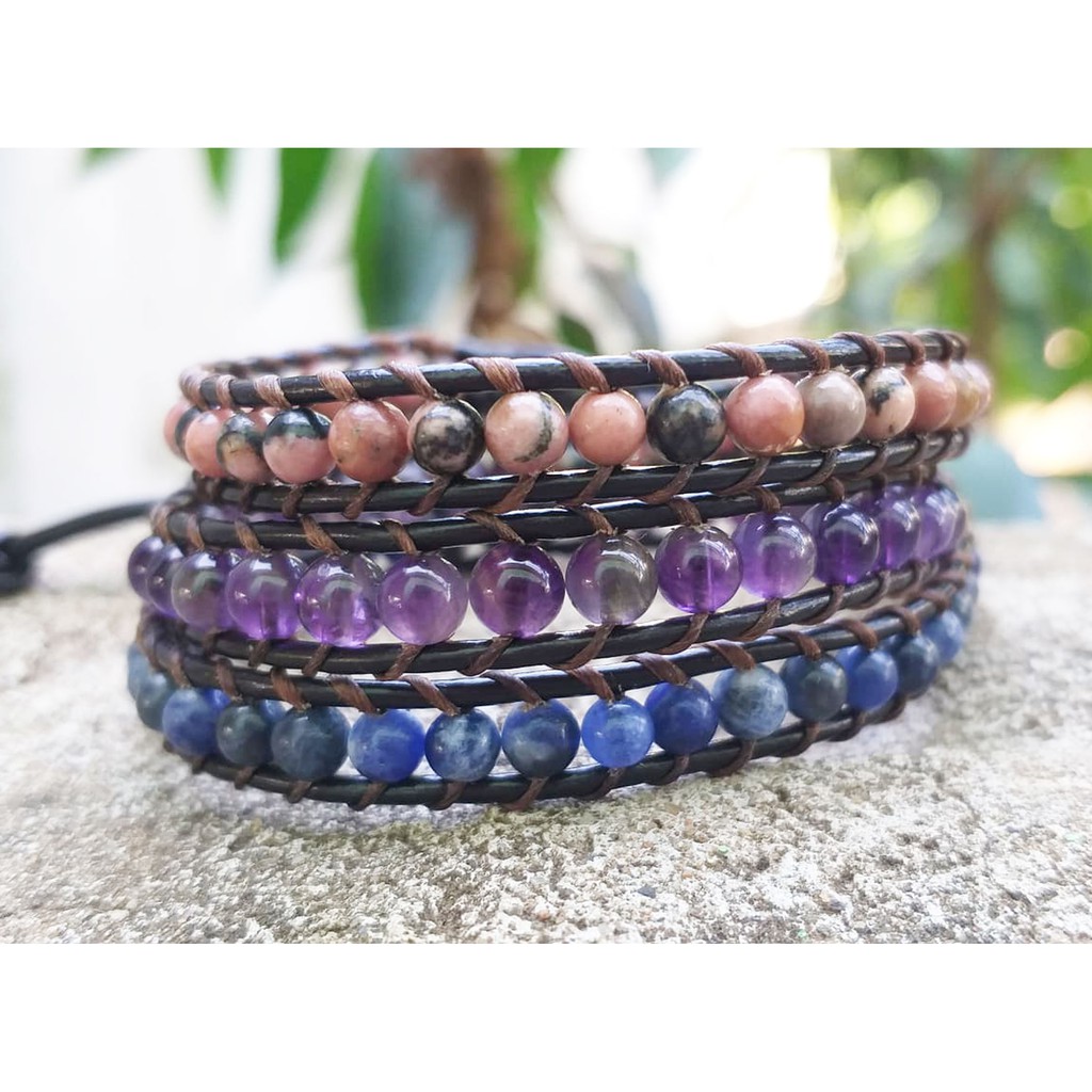 3 Wrap Rhodonite Amethyst Kyanite stone leather bracelets pink purple blue wrap bracelets beaded bra