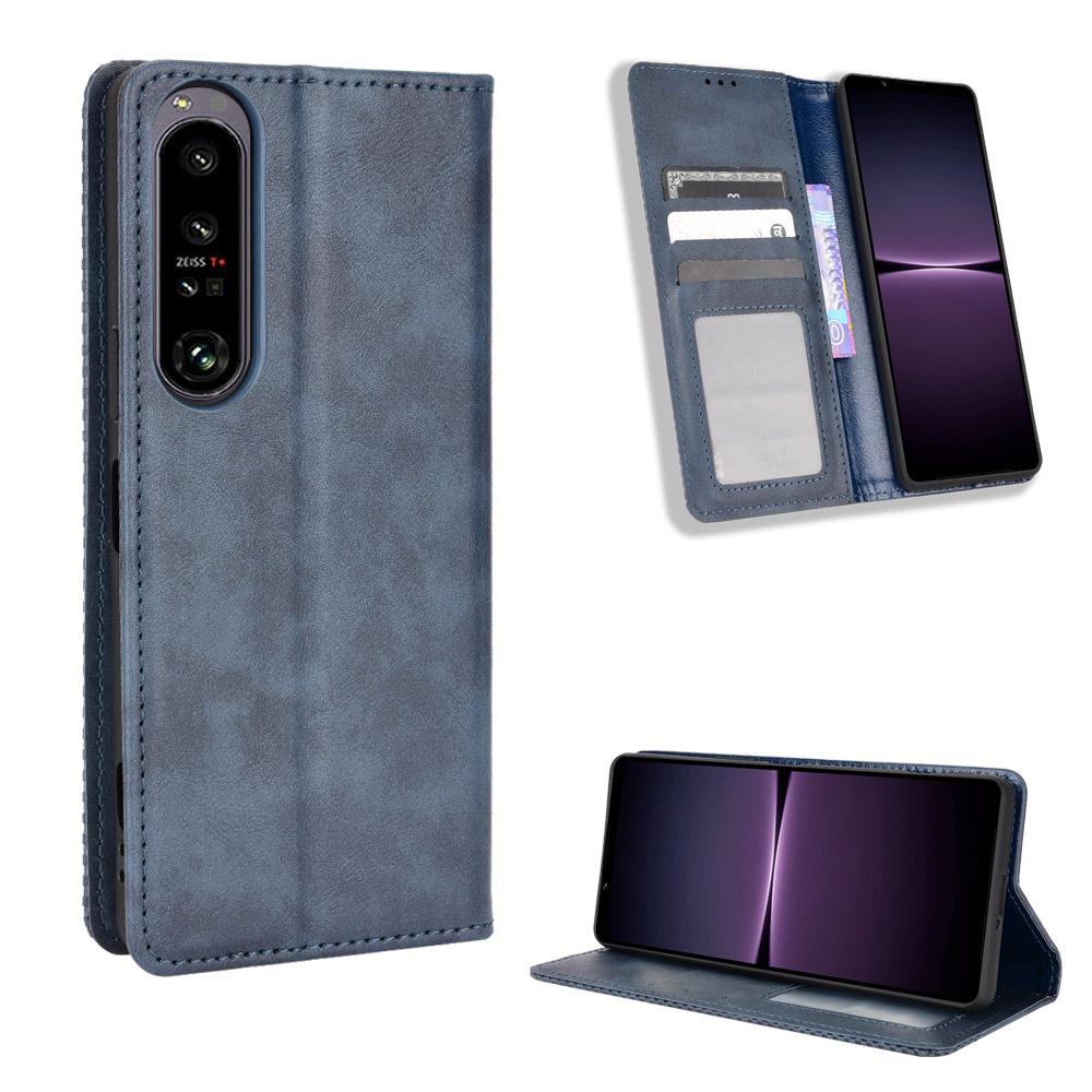 Vintage Casing Sony Xperia 1 IV Flip Cover Magnetic Business Wallet Case Xperia1 4 PU หนังกรณีผู ้ ถือบัตรขาตั ้ ง