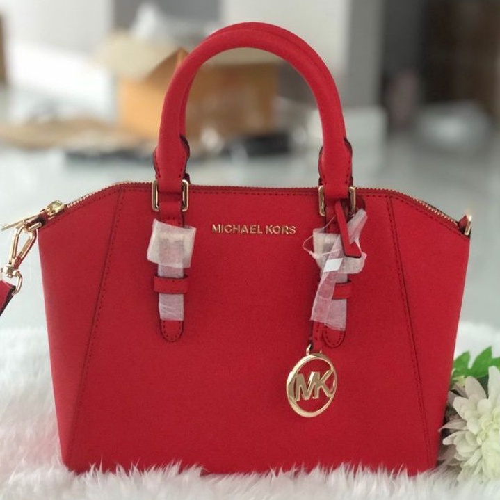 🎀 (สด-ผ่อน) กระเป๋าสะพายสีแดง 35S8GC6M2L Michael Kors Ciara Saffiano Leather Medium Messenger Satchel สี Scarlet