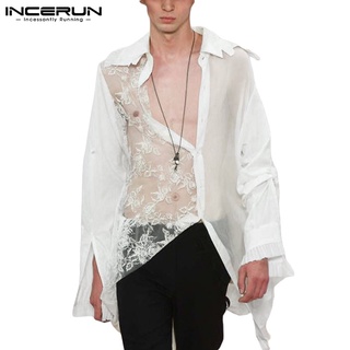 Incerun แฟชั่นเสื้อเชิ้ตแขนยาวผ้าซีทรูปักลายสําหรับผู้ชาย