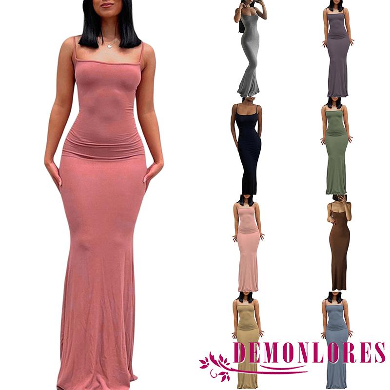 Demq-ผู้หญิงแขนกุดหางปลาชุดสีทึบสปาเก็ตตี้bodyconชุดยาว - รูปที่ 7