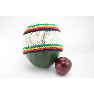 สินค้าราสต้า Beanie White Short Forehead and Middle Stripes Green Yellow Red Black หมวกถักราสต้าสีขาวแบบสั้น RASTA SHORT