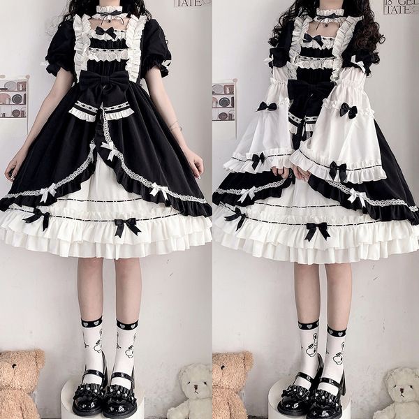 ชุดโลลิต้า 🌈LOLITA เดรสขาวดำ ชุดโลลิต้าน่ารักหวานๆ เดรสแขนสั้น OP แขนยาวปรับได้ M~4XL ชุดโลลิต้าไซส์