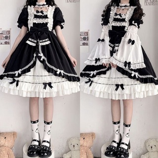 ชุดโลลิต้า 🌈LOLITA เดรสขาวดำ ชุดโลลิต้าน่ารักหวานๆ เดรสแขนสั้น OP แขนยาวปรับได้ M~4XL ชุดโลลิต้าไซส์ใหญ่ cos