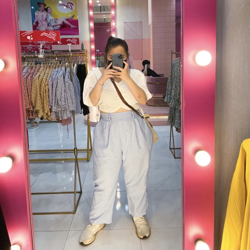 “Bule pants” กางเกงขายาวสีฟ้าทะเล กางเกงพลัสไซต์ ทรงบอลลูน