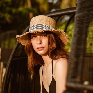 หมวกสานขนาดกลางแต่งชายรุ่ย หมวกบังแดด ปรับขนาดได้ (MEGAN HAT beige)