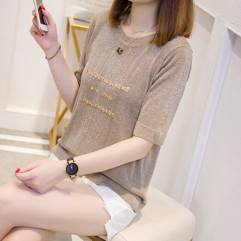 2022 ฤดูร้อนใหม่ผู้หญิงเสื้อถักไหมน้ำแข็งแขนสั้นเสื้อยืด bottoming ...