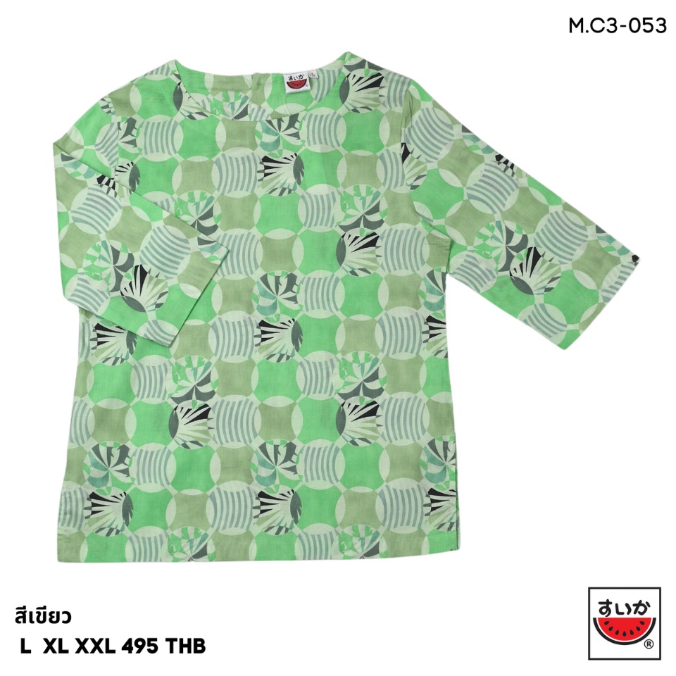 เสื้อแตงโม (SUIKA) - เสื้อผ้าป่านมัสลิน คอปาดกระดุมหลัง 3 เม็ด แขนสามส่วน (M.C3-053)