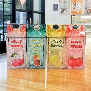 แก้วน้ำ ☀️🌈 Hello Summer แก้วทรงกล่องนม ลายผลไม้ น่ารัก ความจุ430ml 🍓🍊🍋🍒