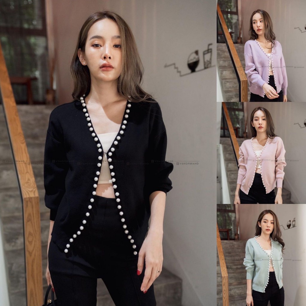 Code no:2010013638-Vshop เสื้อคลุมผ้าถักแต่งขอบด้วยไข่มุกรอบ เป็นแบบปัดหมุด ไม่หลุดแน่นอน แนวสีพาลเทล สีน่ารักมาก