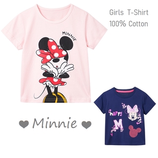 MINNIE เสื้อยืดคอกลมแขนสั้นเนื้อผ้าฝ้ายลายการ์ตูนมินนี่น่ารักสําหรับเด็กผู้หญิง