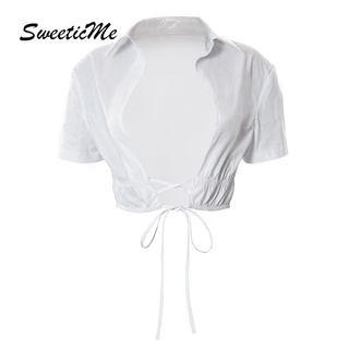 Sweeticme ใหม่ เสื้อยืดครอป แขนสั้น คอปก สีพื้น สําหรับผู้หญิง 2022