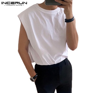 Incerun เสื้อลําลองแฟชั่นสําหรับผู้ชายแขนกุดคอกลมสีพื้น