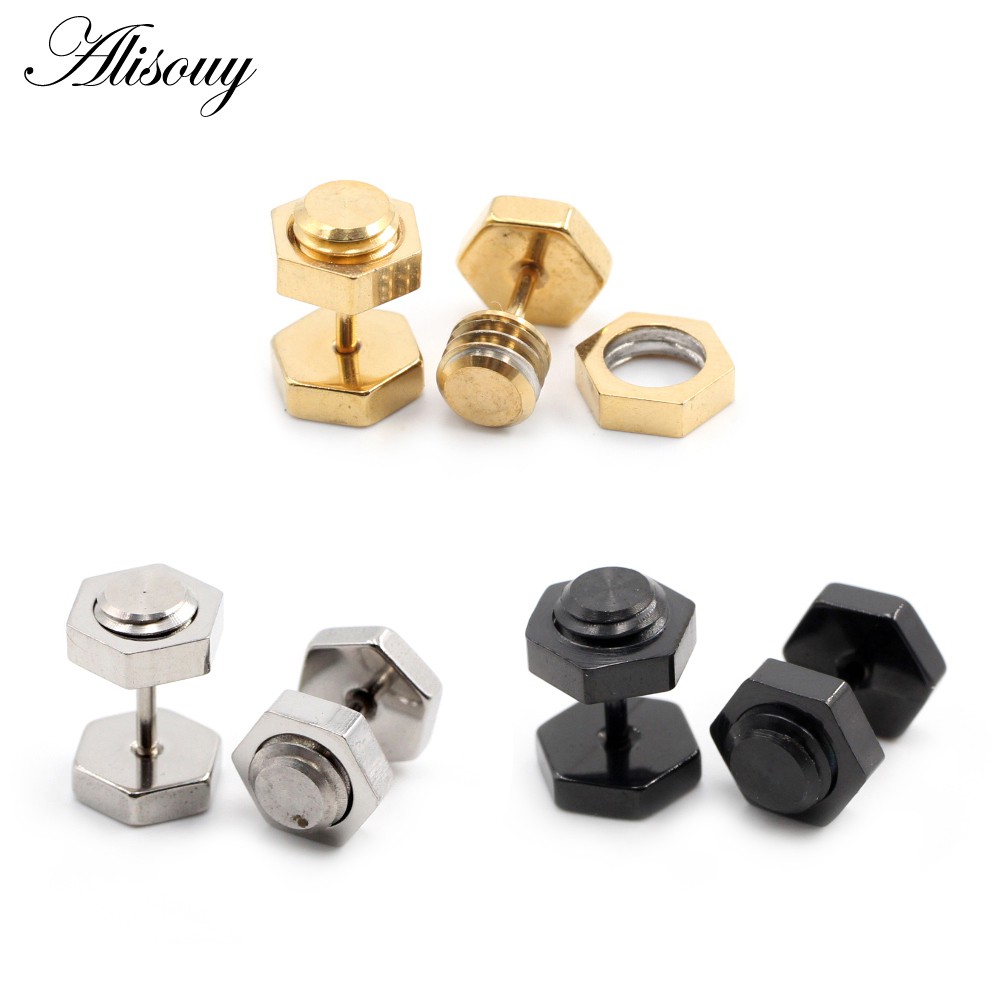 Alisouy 2PCS ใหม่ Unisex Gothic Punk Rock สแตนเลสหกเหลี่ยมเล็บสกรูผู้หญิงผู้ชายหูสตั๊ดต่างหูเจาะเครื่องประดับ