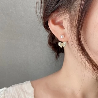 ต่างหูเข็มเงิน ประดับโบว์ มุก พลอยเทียม สไตล์เกาหลี พร้อมส่ง