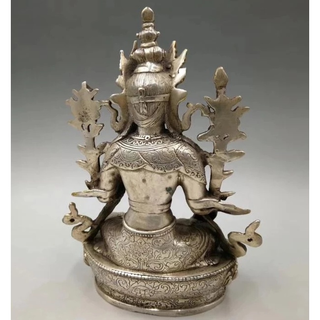 ✁∏Collect archaize white copper handicraft Green tara Buddha statue