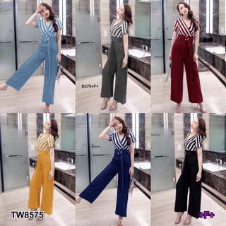 B857 จั้มสูทคอวีไขว้ลายริ้วกางเกงสีพื้น + สายเข็มขัด V-neck jumpsuit with crossed stripes, solid color pants + belt