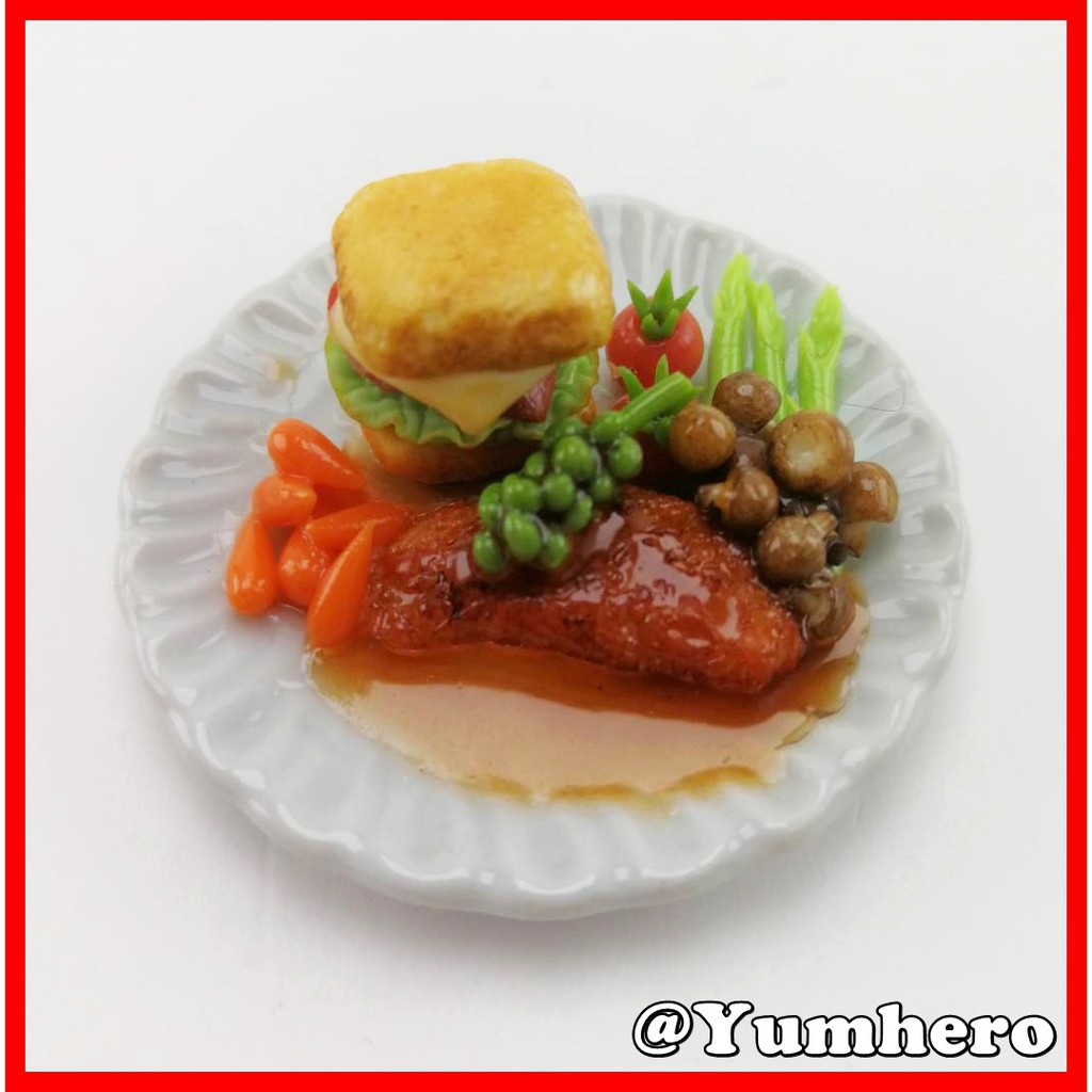 ปั้นจิ๋ว แฮมเบอร์เกอร์ Hamburger สเต็ก Steak อาหารฝรั่ง อาหารจิ๋ว ของเล่นจิ๋ว ของจิ๋ว บ้านตุ๊กตา อาห