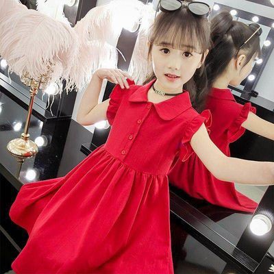 เดรส สาวฤดูร้อนสุทธิชุดสีแดง2021ใหม่ฤดูร้อนเกาหลีชุดเจ้าหญิงต่างประเทศชุดเสื้อผ้าเด็กสาวชุดสีแดงtide