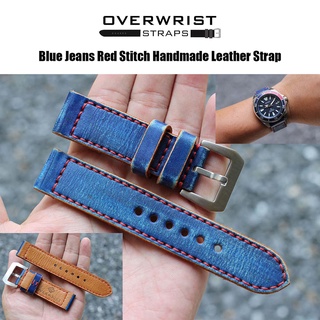 สายนาฬิกา สายหนังวัวแท้ overwrist blue jeans red stitch handmade leather strap