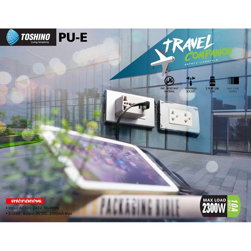 Toshino ปลั๊กแปลง Travel Adapter ไม่ลามไฟ USB ชาร์ต 2.1A เต้ารับ Universal รุ่น PU-E - รูปที่ 2