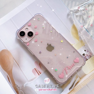 เคสเรซิ่น กากเพชรเงิน หัวใจรอบกล้อง ชื่อสีชมพู i13 pro max s22 ultra note20 a53 a73 reno7 v23 เคสกันกระแทก