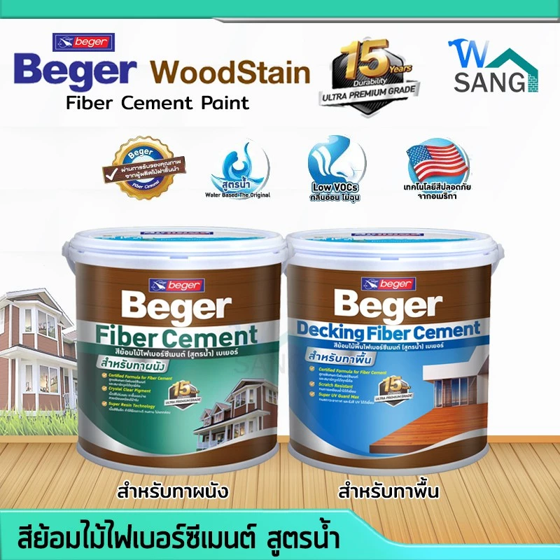 สีย้อมไม้ ไฟเบอร์ซีเมนต์ สูตรน้ำ ทาผนัง , ทาพื้น Beger WoodStain Fiber Cement ขนาด 1 แกลลอน 3.785 ลิตร@wsang