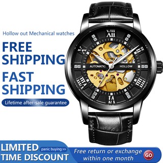 [ผลิตภัณฑ์อย่างเป็นทางการ] WISHDOIT Mens Automatic mechanical watch Hollow perspective window leather strip Prevent scratches Fashion simple casual watches Waterproof swimming Luminous watch Personality trend watch