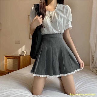 🧶พร้อมส่ง # 🔥🚀กระโปรงกระโปรงจีบสีเทาขอบลูกไม้แนววินเทจสไตล์ฝรั่งเศสกระโปรงครึ่งตัวกระโปรงสั้นทรงเอเอวสูงใส่แล้วดูผอมเ