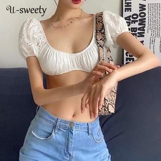 U-sweety เสื้อยืดแขนสั้น คอวี ผ้าถักโครเชต์ สไตล์ฝรั่งเศส เซ็กซี่ สําหรับผู้หญิง