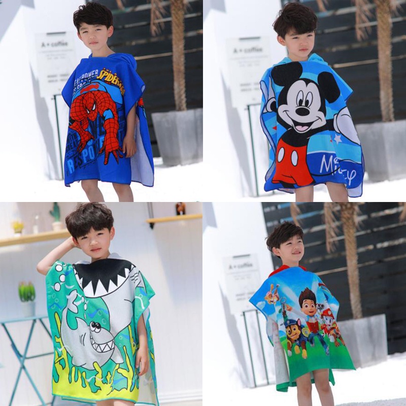 เสื้อคลุมอาบน้ํา ผ้าขนหนูอาบน้ํา มีฮู้ด ลายการ์ตูนสไปเดอร์แมน มิกกี้ ฉลาม ขนาด 120x60 ซม. สําหรับเด็กอายุ 2-8 ปี