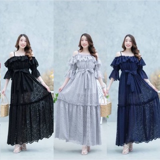 Maxi Dress  (เดรส)ยาว เปิดไหล่ แขนตุ๊กตา ปล่อยระบายยาวเท่าศอก เอวสม็อกหลังแต่งระบายชั้นๆ ทรงสวยบางระบายเข้ารูป