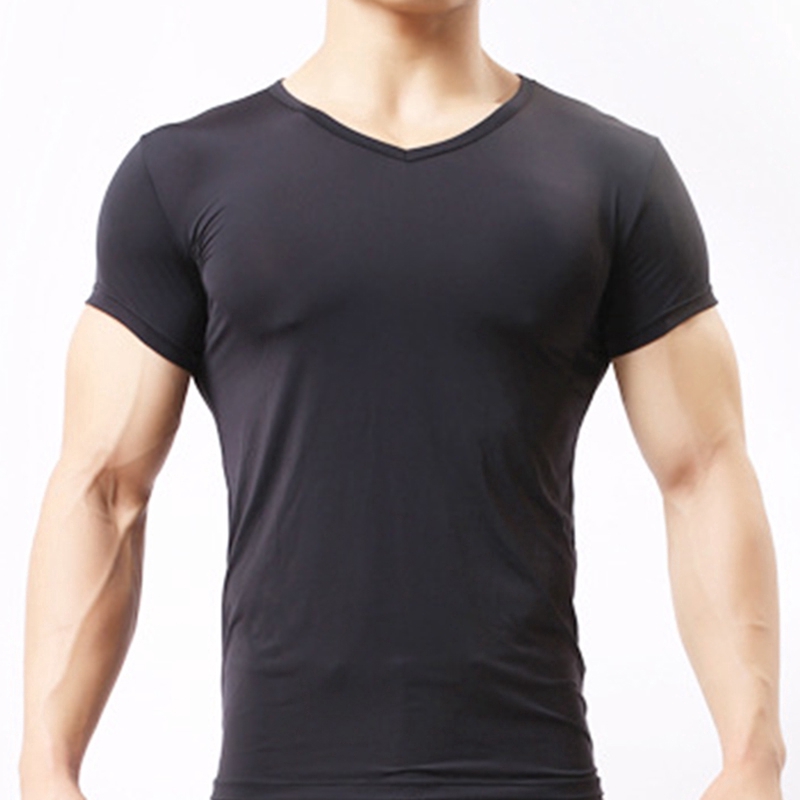 เสื้อท็อปแขนสั้นผ้าเชียร์ผ้าไหมไร้รอยต่อสําหรับผู้ชาย