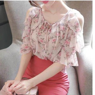 ¤☜❉Off-the-shoulder top women s summer 2021 new short-sleeve chiffon shirt แขนสามส่วนขอบใบบัวคลุมท้องนางฟ้าสุด ๆ