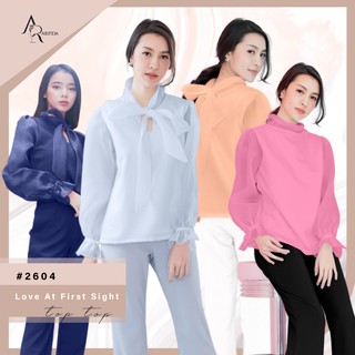 ARINDA Love At First Sight Top 2604 : เสื้อแขนยาวคอและแขนแต่งโบว์ผ้าแก้วออแกนดี้