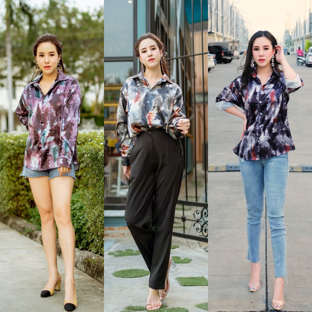 Lynlalin เสื้อเชิ้ตคอปกแขนยาวติดกระดุมผ้าซาตินพิมพ์ลาย ผ้านุ่มใส่สบาย หมดแล้วไม่มีเข้าเพิ่ม รุ่น ปกพายน์ สีเขียว/ดำ/ม่วง