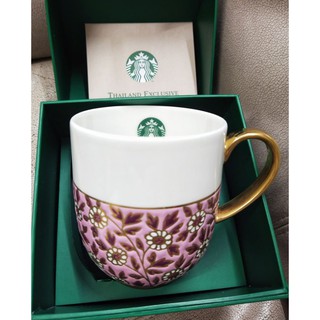 Starbucks ถ้วยเบญจรงค์สีขมพูขอบทอง ของแท้