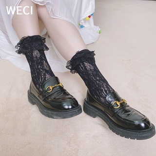 Weci ถุงเท้าข้อสั้น ผ้าตาข่าย แต่งลูกไม้ สีดํา สีขาว สไตล์โลลิต้า เจ้าหญิง สําหรับผู้หญิง