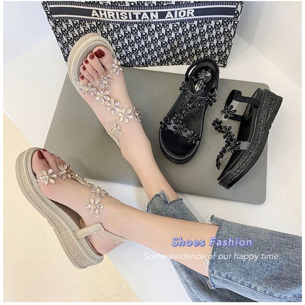 @พร้อมส่ง@ ฮิตที่สุด รุ่น TX168 รองเท้าส้นสูงรัดส้น แต่งเพชรลายดอกไม้ น้ำหนักเบาสบาย ไม่ลื่น เพิ่มคว