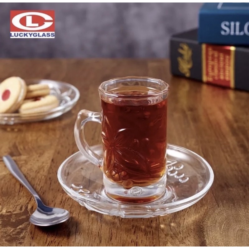 Turkish Grape Cup #LG312403แก้วช็อต สีใส ลายดอกไม้ พร้อมหูจับ แก้วคุณภาพดีLG312403