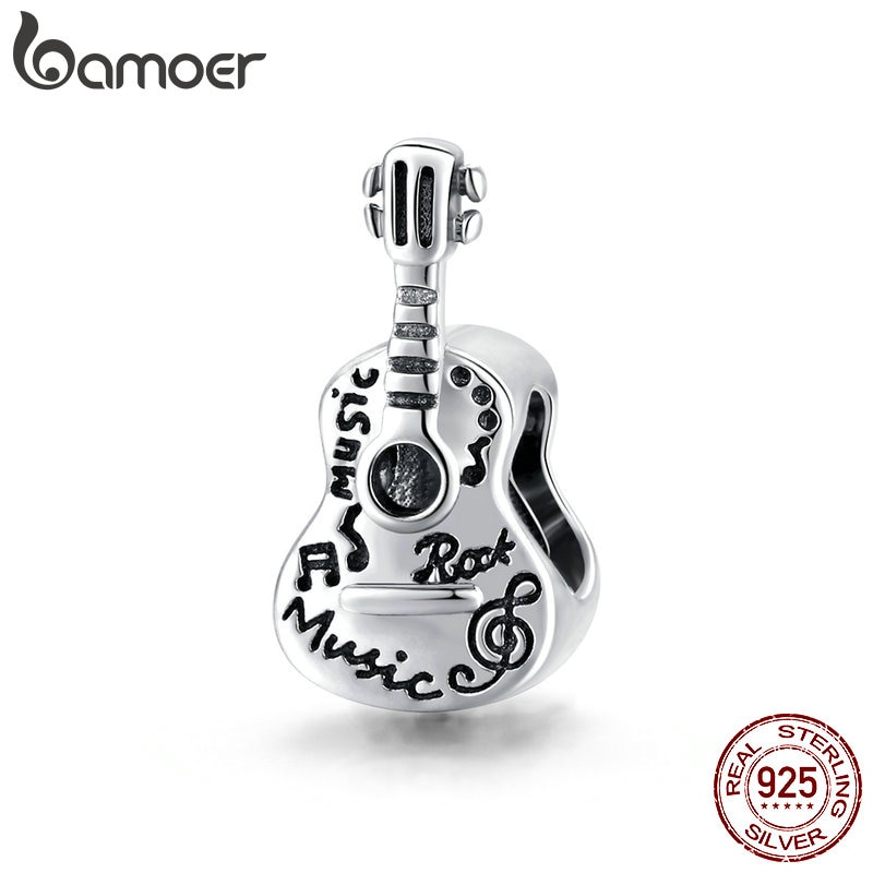 bamoer 925 Sterling Silver Retro Charm for Original Bracelet & Bangle Vintage  Simple Guitar Charms 