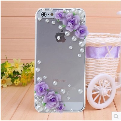 เคสไอโฟน 4/4s (Case Iphone 4/4s) เคสไอโฟนกรอบใส ประดับมุกและดอกไม้สีม่วง