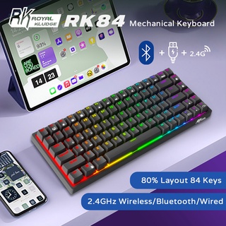 ROYAL KLUDGE RK84 คีย์บอร์ดเกมกล 2.4Ghz ไร้สาย/บลูทูธ/แบบมีสาย เค้าโครง 80% 84 คีย์ RGB Backlight Hot Swap สวิตช์สีแดง/น้ำตาล/น้ำเงิน