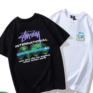 STUSSY ใหม่เสื้อยืดลําลองสําหรับผู้ชายผู้หญิงผ้าฝ้ายแขนสั้นคอกลมพิมพ์ลาย Earth Loose Trendy